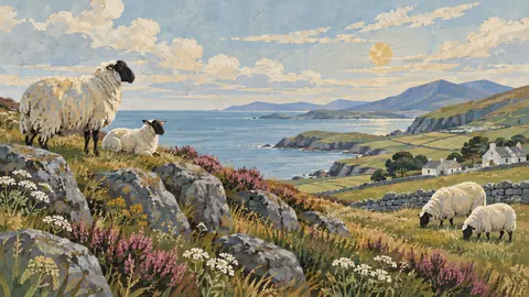 Sheep on a windswept hillside – decorative folk painting Frame TV art
