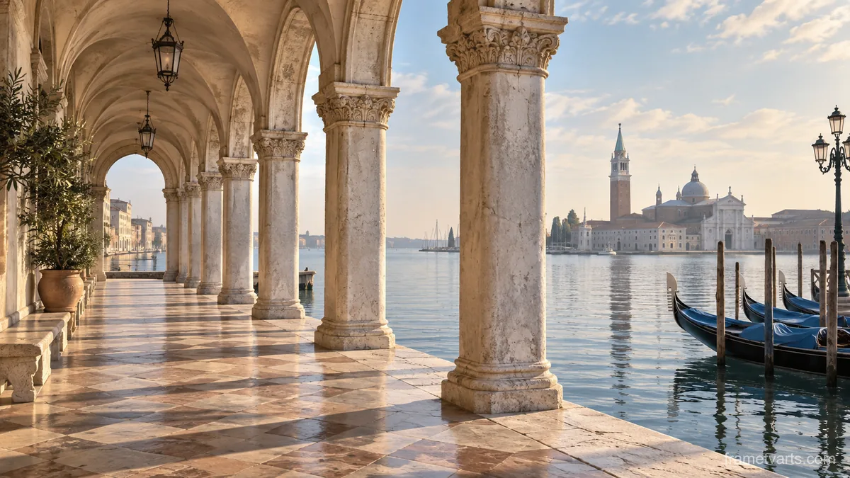 Venetian-inspired arcade beside still water – fine-art architectural photography Samsung Frame TV art, 4K