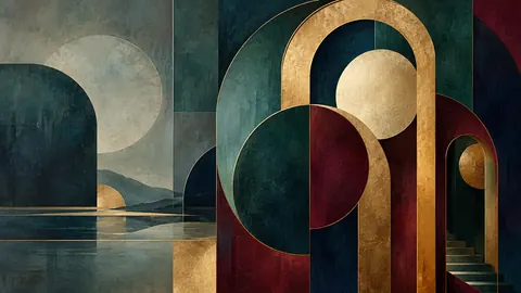 Interlocking offset arches and circles – jewel-tone geometric modernism Frame TV art