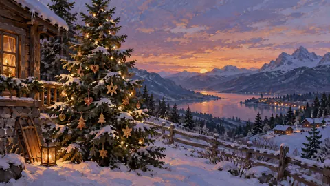 Christmas evergreen with handmade-looking plain ornaments – traditional oil painting Frame TV art