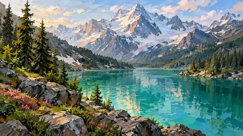 Emerald lake below snow peaks – expressive palette-knife painting Frame TV art