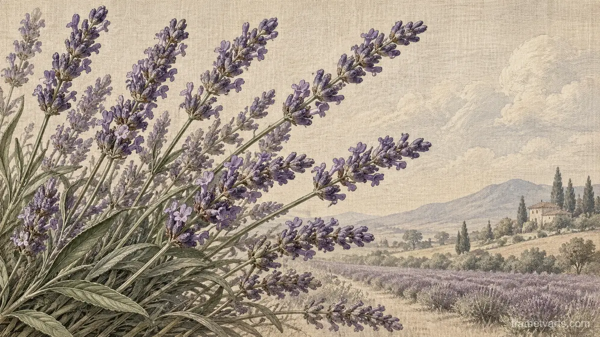 Lavender stems on textured linen – vintage-style botanical engraving without labels Samsung Frame TV art, 4K