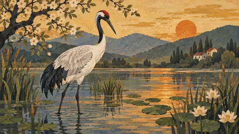 Crane standing in shallow water – decorative folk painting Frame TV art