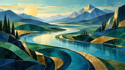 Flowing riverlike bands across open space – jewel-tone geometric modernism Frame TV art