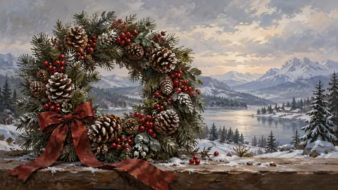 Christmas wreath of pine cones and winter berries – traditional oil painting Frame TV art