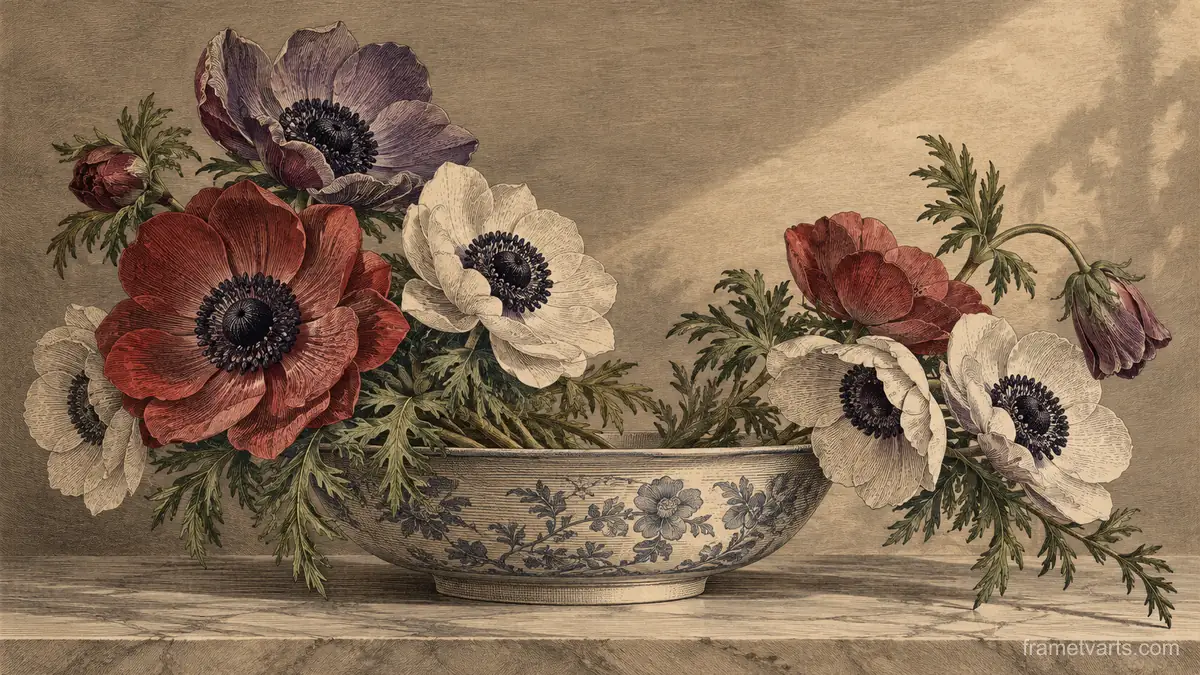 Anemones arranged in a shallow bowl – vintage-style botanical engraving without labels Samsung Frame TV art, 4K