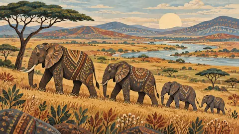 Elephant family crossing open grassland – decorative folk painting Frame TV art