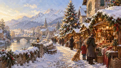 Snowy Christmas market without signs – traditional oil painting Frame TV art