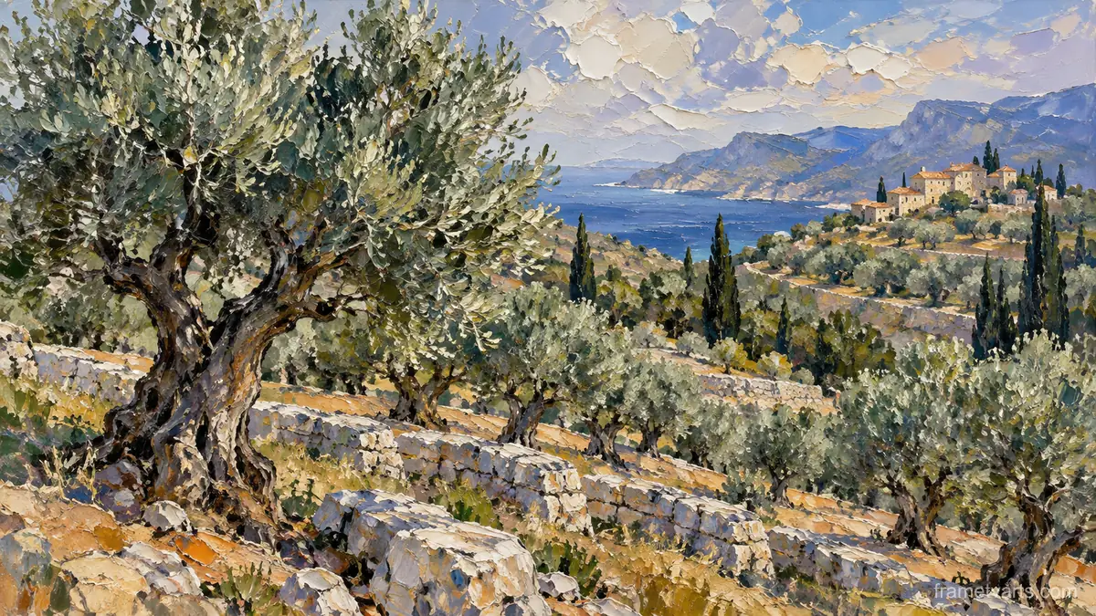 Olive grove on terraced limestone hills – expressive palette-knife painting Samsung Frame TV art, 4K