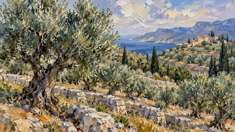Olive grove on terraced limestone hills – expressive palette-knife painting Frame TV art