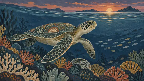 Sea turtle gliding above coral – decorative folk painting Frame TV art