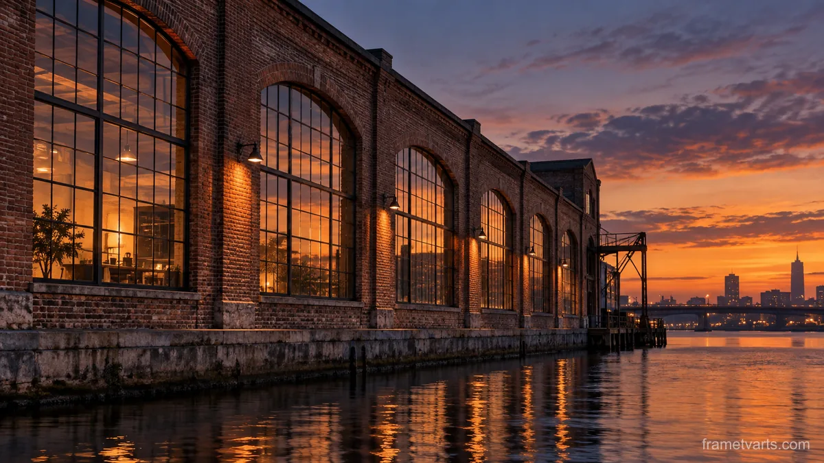 Brick warehouse windows in evening light – fine-art architectural photography Samsung Frame TV art, 4K