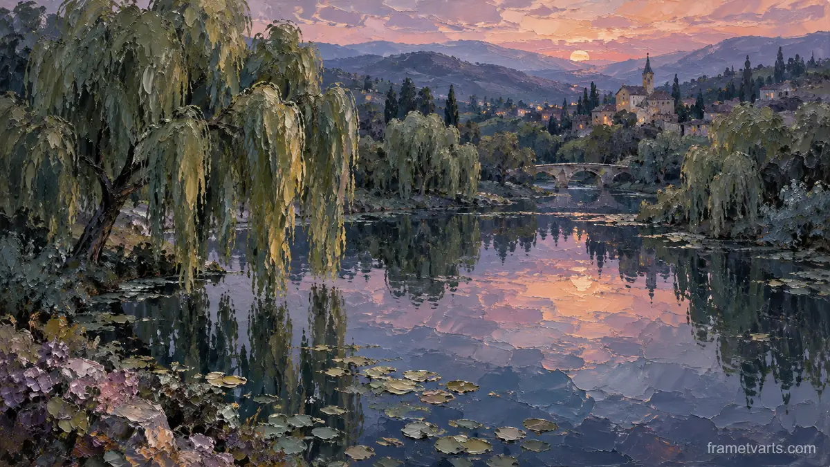 Willow trees reflected in a still pond – expressive palette-knife painting Samsung Frame TV art, 4K