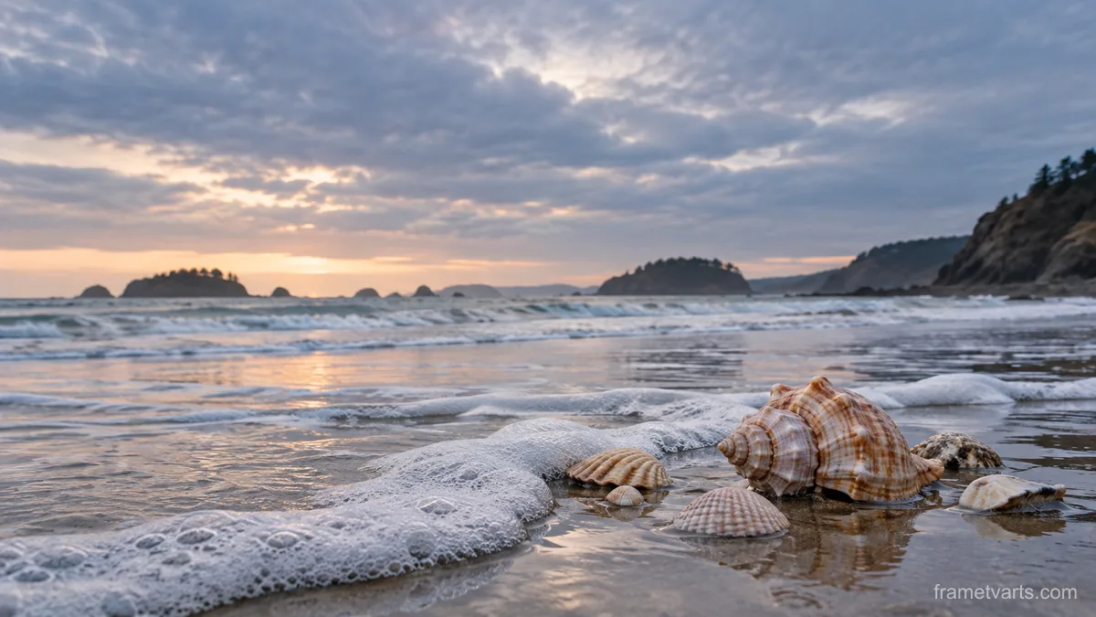 Seashells beside gentle sea foam – fine-art photography Samsung Frame TV art, 4K