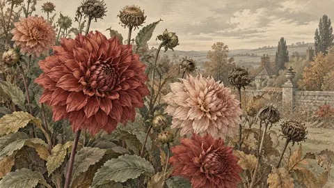 Dahlias and seed heads in autumn garden – vintage-style botanical engraving without labels Frame TV art