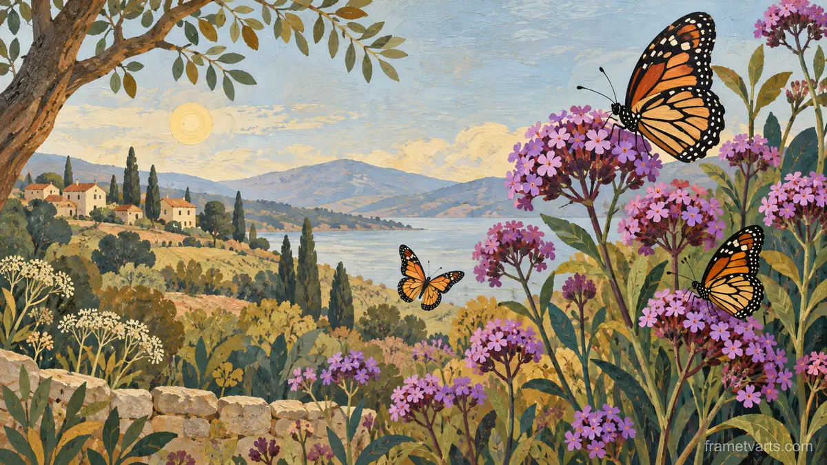Butterflies around wild verbena – decorative folk painting Samsung Frame TV art, 4K