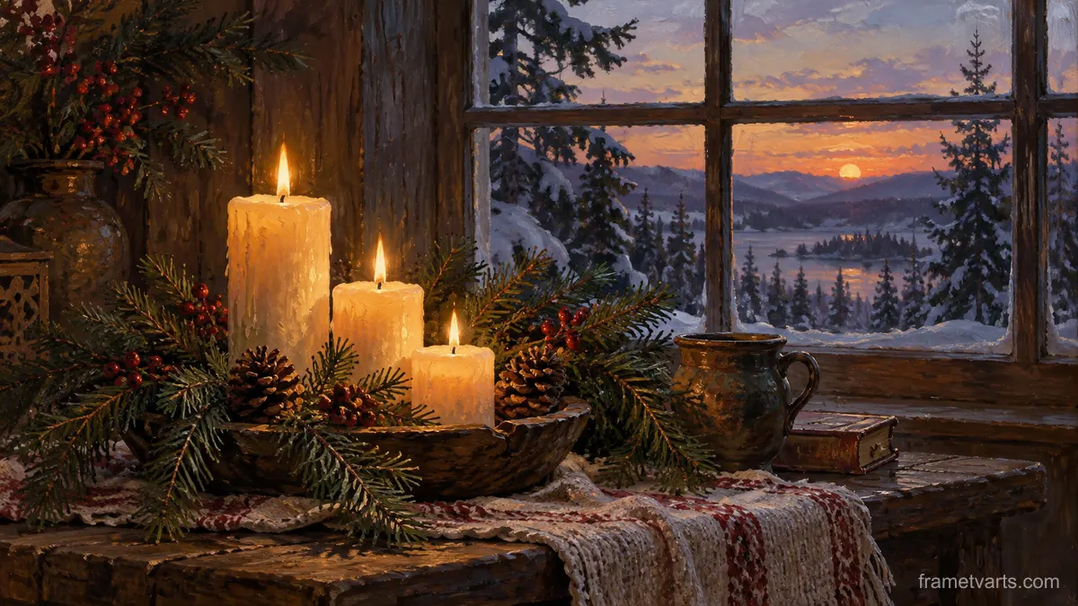 Winter solstice candles and evergreen boughs – traditional oil painting Samsung Frame TV art, 4K