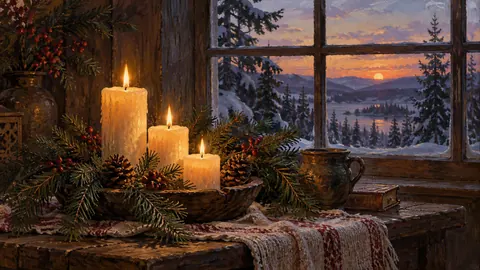 Winter solstice candles and evergreen boughs – traditional oil painting Frame TV art