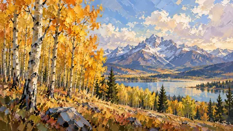 Aspen grove in autumn sunlight – expressive palette-knife painting Frame TV art