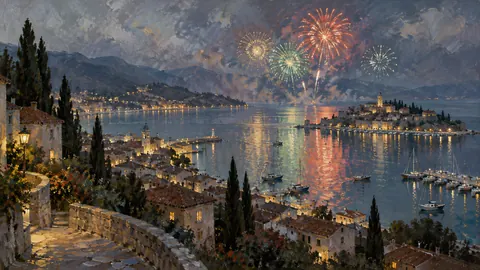 New Year fireworks reflected across a quiet harbor – traditional oil painting Frame TV art
