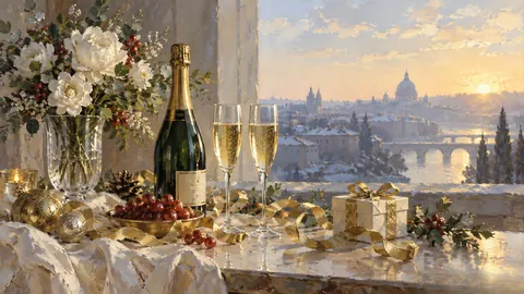 New Year still life of sparkling glass and gold ribbons – traditional oil painting Frame TV art