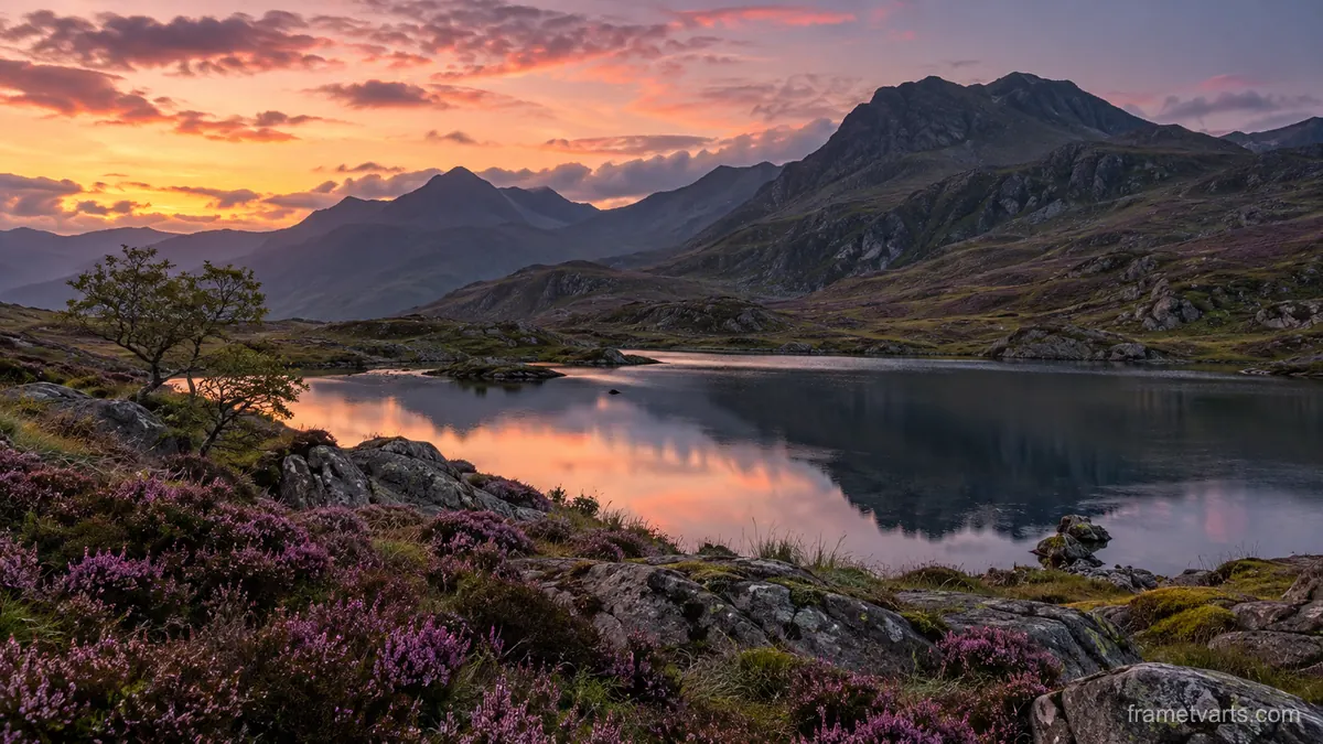 Highland tarn beneath heather slopes – fine-art natural photography Samsung Frame TV art, 4K