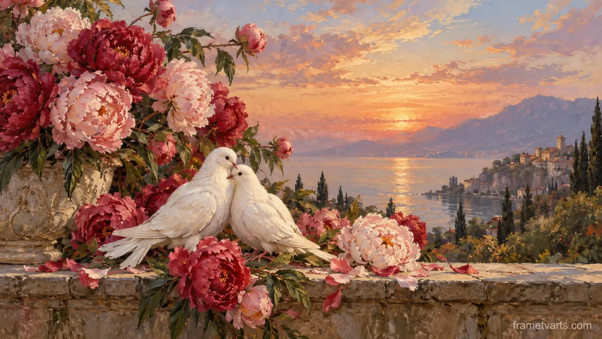 Valentine peonies and paired white doves – traditional oil painting Samsung Frame TV art, 4K