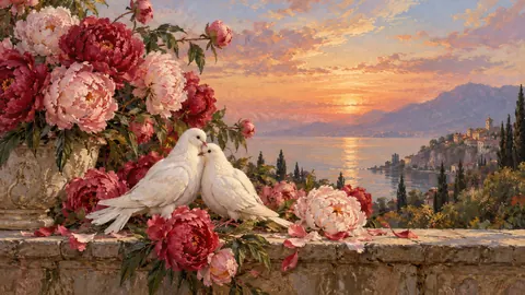 Valentine peonies and paired white doves – traditional oil painting Frame TV art