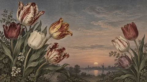 Tulips in an asymmetrical spring arrangement – vintage-style botanical engraving without labels Frame TV art