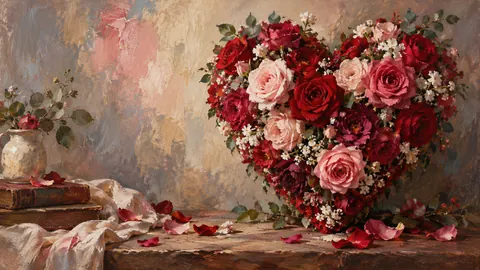 Valentine heart-shaped floral arrangement – traditional oil painting Frame TV art