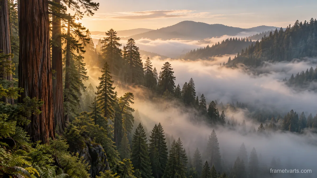 Fog rolling through redwood forest – fine-art natural photography Samsung Frame TV art, 4K