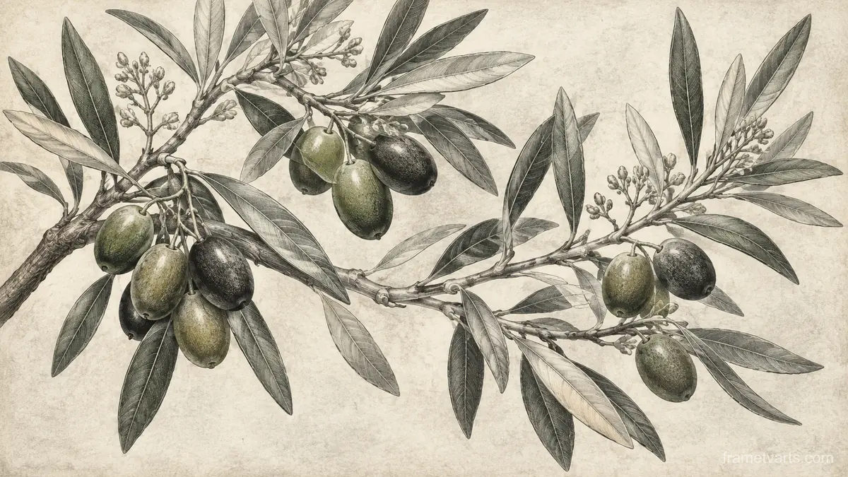 Olive branches and silver foliage – vintage-style botanical engraving without labels Samsung Frame TV art, 4K