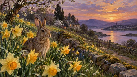 Easter rabbit among spring daffodils – traditional oil painting Frame TV art
