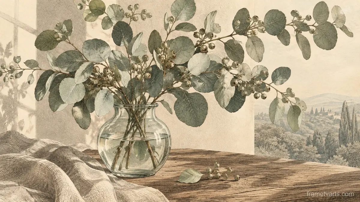 Eucalyptus sprays in a simple glass vessel – vintage-style botanical engraving without labels Samsung Frame TV art, 4K