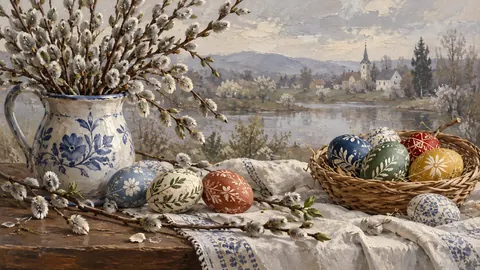 Easter painted eggs and willow branches – traditional oil painting Frame TV art