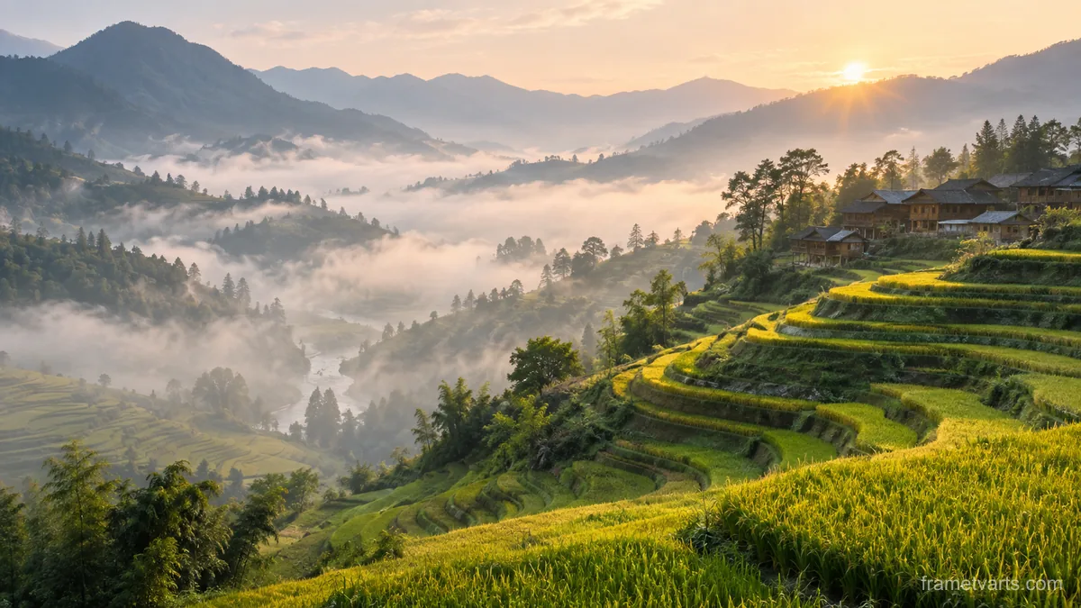 Terraced rice valley in morning mist – fine-art natural photography Samsung Frame TV art, 4K