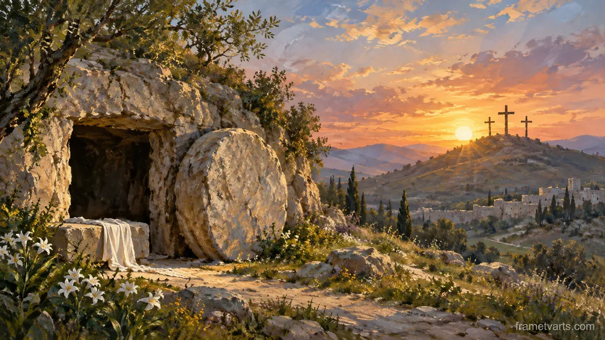 Easter sunrise over three distant simple crosses – traditional oil painting Samsung Frame TV art, 4K