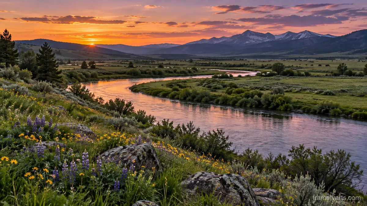 Meandering river through spring pasture – fine-art natural photography Samsung Frame TV art, 4K
