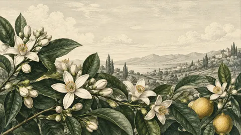 Citrus blossoms among dark green leaves – vintage-style botanical engraving without labels Frame TV art