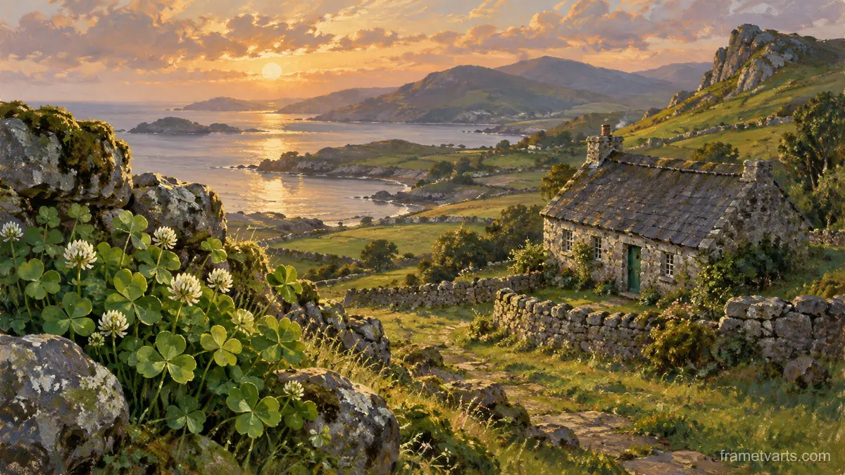 St Patrick shamrocks beside a rustic stone cottage – traditional oil painting Samsung Frame TV art, 4K