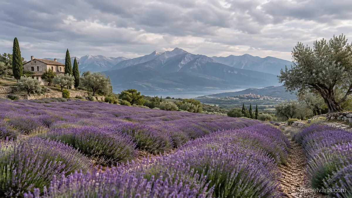 Lavender field beside distant mountains – fine-art natural photography Samsung Frame TV art, 4K