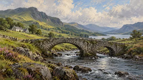 Irish green hills and an old stone bridge – traditional oil painting Frame TV art