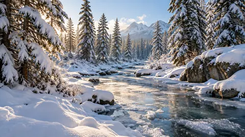 Snow-laden pine forest beside frozen creek – fine-art natural photography Frame TV art