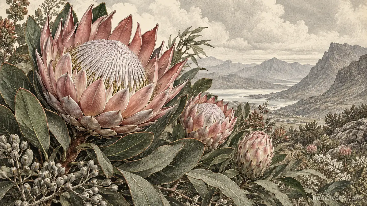Protea flowers with sculptural foliage – vintage-style botanical engraving without labels Samsung Frame TV art, 4K