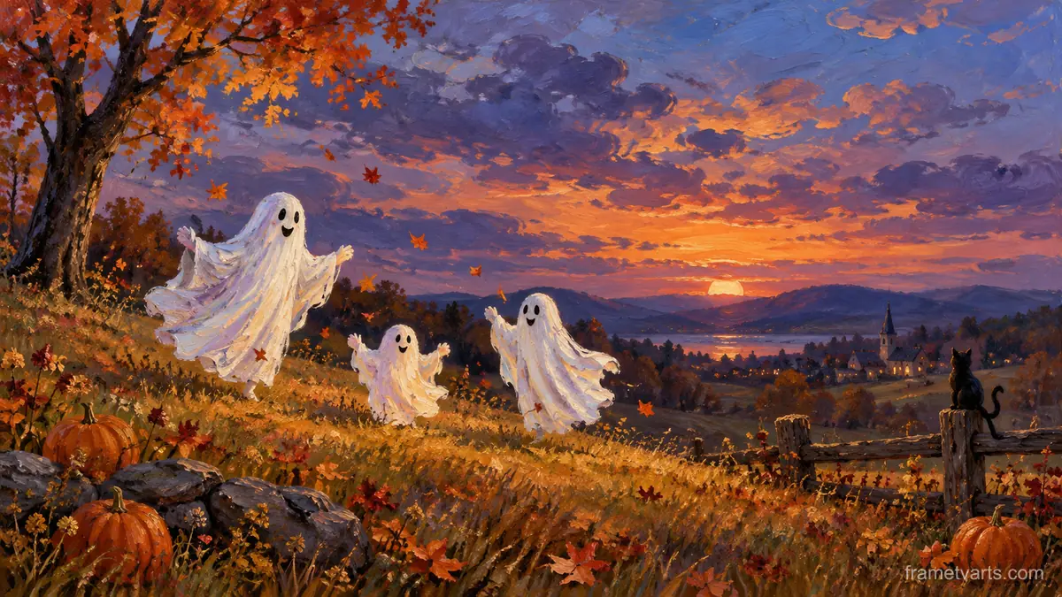 Halloween friendly ghosts in an autumn meadow – traditional oil painting Samsung Frame TV art, 4K