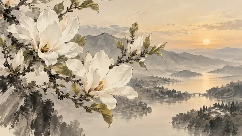 White magnolia branch with unfurling leaves – minimal ink and wash Frame TV art