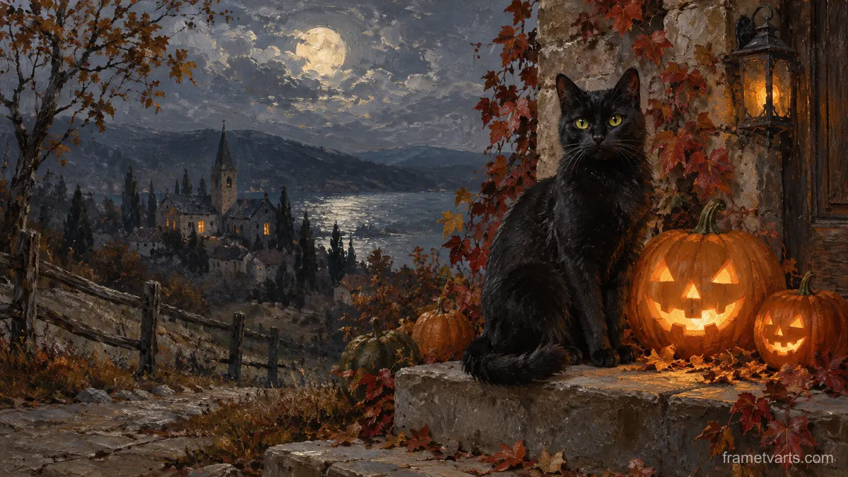 Halloween black cat with pumpkins beneath moonlight – traditional oil painting Samsung Frame TV art, 4K