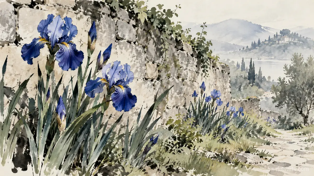 Blue irises beside a stone garden wall – minimal ink and wash Samsung Frame TV art, 4K