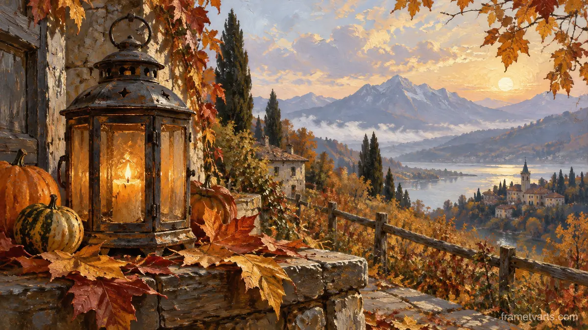 Halloween antique lantern and autumn leaves – traditional oil painting Samsung Frame TV art, 4K