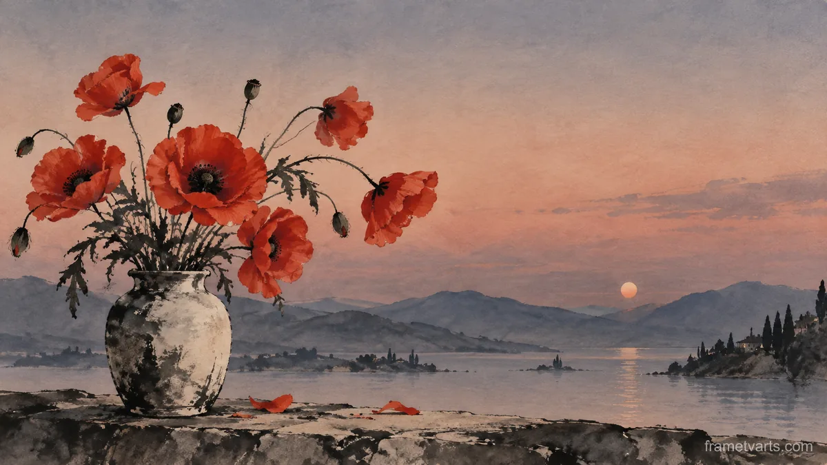 Scarlet poppies in a loose ceramic vase – minimal ink and wash Samsung Frame TV art, 4K